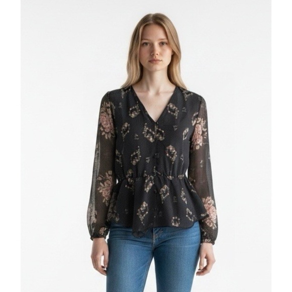 Pleione Women's S Lined Bodice Sheer Sleeve Blouse Black Multi Floral EUC
